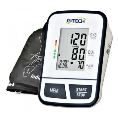 Medidor de pressão retangular, branco, com visor médio e dois botões azuis