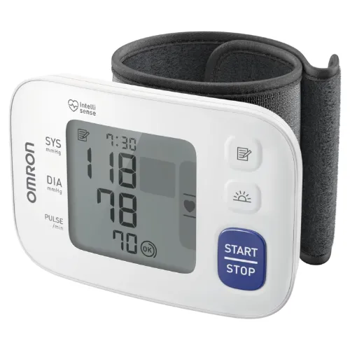 Aparelho de pressão de pulso branco, com visor médio e três botões