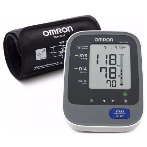 Medidor de Pressão quadrado, cinza, com visor grande e um botão azul