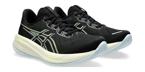 Tênis para corrida masculino com cabedal preto e verde e entressola branca