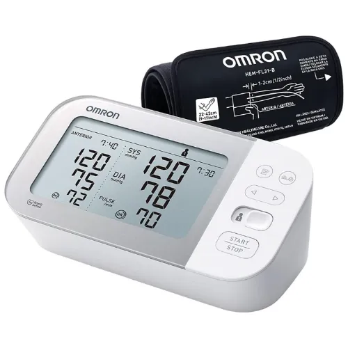 Aparelho de pressão retangular, branco, com visor bem grande e 4 botões