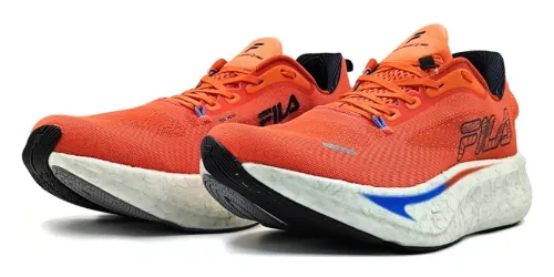 Tênis para corrida com cabedal e língua vermelhos e entressola azul e branca