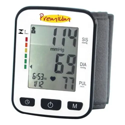 Aparelho de pressão de pulso, branco, com visor grande e três botões pretos