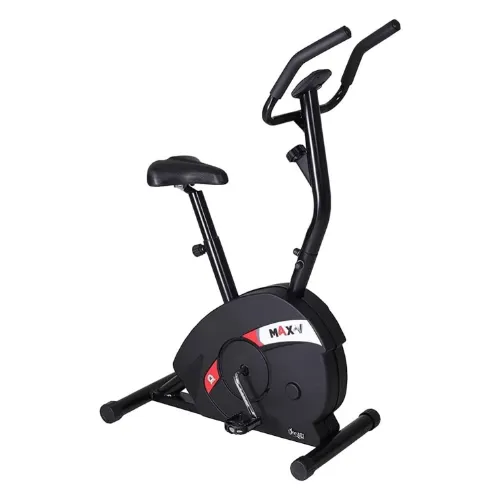 Bicicleta ergométrica vertical preta com base redonda e painel pequeno