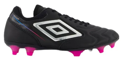 Chuteira de campo preta com logo prateado e travas rosas