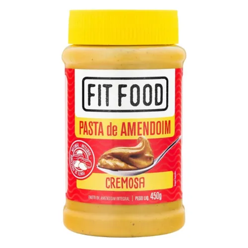 Pote de pasta de amendoim pequeno com rótulo vermelho e tampa amarela