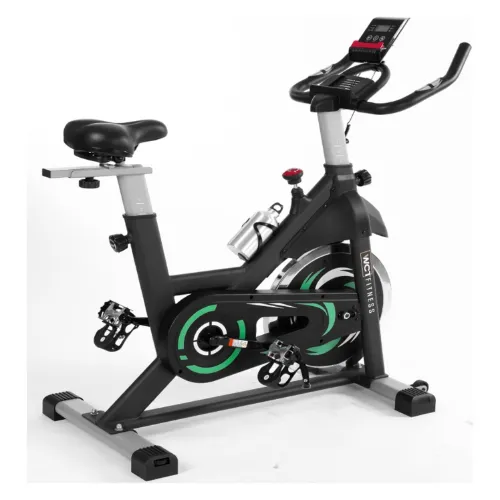 Bicicleta Spin com base comprida preta e vermelha e rodas grandes