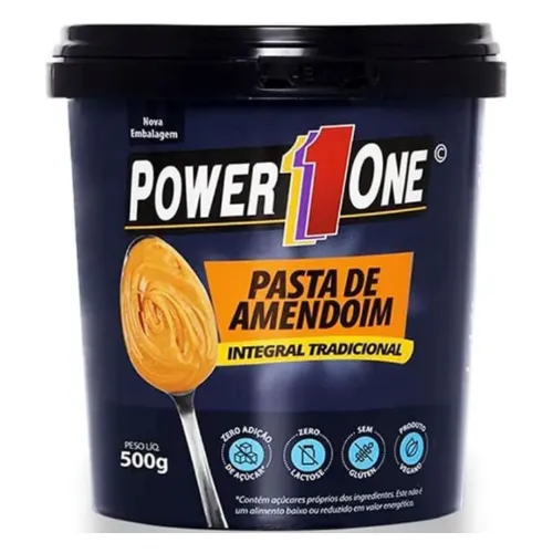 Pote de manteiga de amendoim grande com rótulo azul e tampa preta