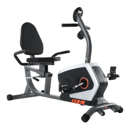 Bicicleta horizontal com base quadrada e painel digital pequeno