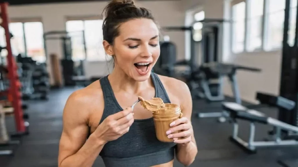 Mulher consumindo pasta de amendoim no treino