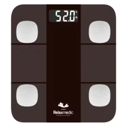 Balança de bioimpedância preta com cantos arredondados e visor branco grande