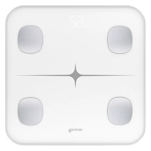 Balança corporal branca com sensores prateados e grafismo central