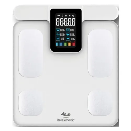 Balança de bioimpedância branca com barra de mão com visor grande e colorido