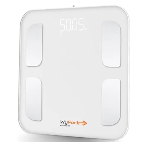 Balança corporal branca com sensores grandes e retangulares de barra de mão simples