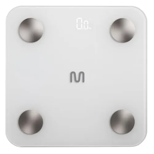 Balança inteligente de vidro branco pequena com quatro sensores pequenos e redondos